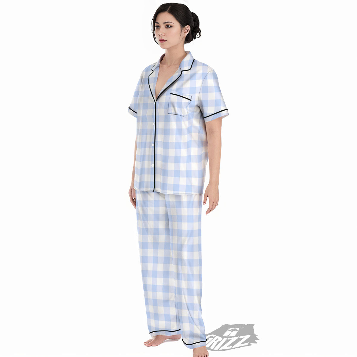 Blue Cornflower And White Gingham Print Women's Pajamas Set-grizzshop