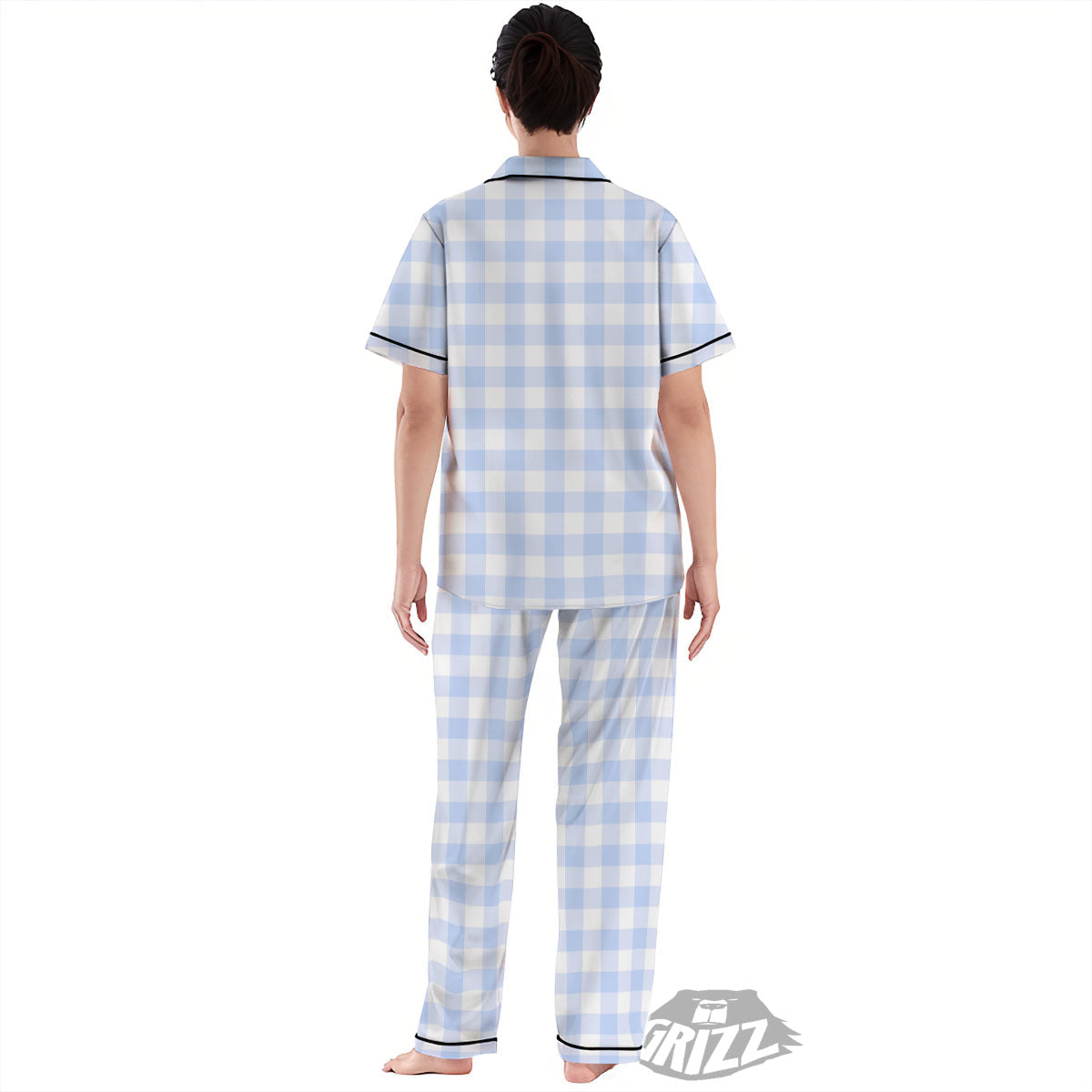 Blue Cornflower And White Gingham Print Women's Pajamas Set-grizzshop