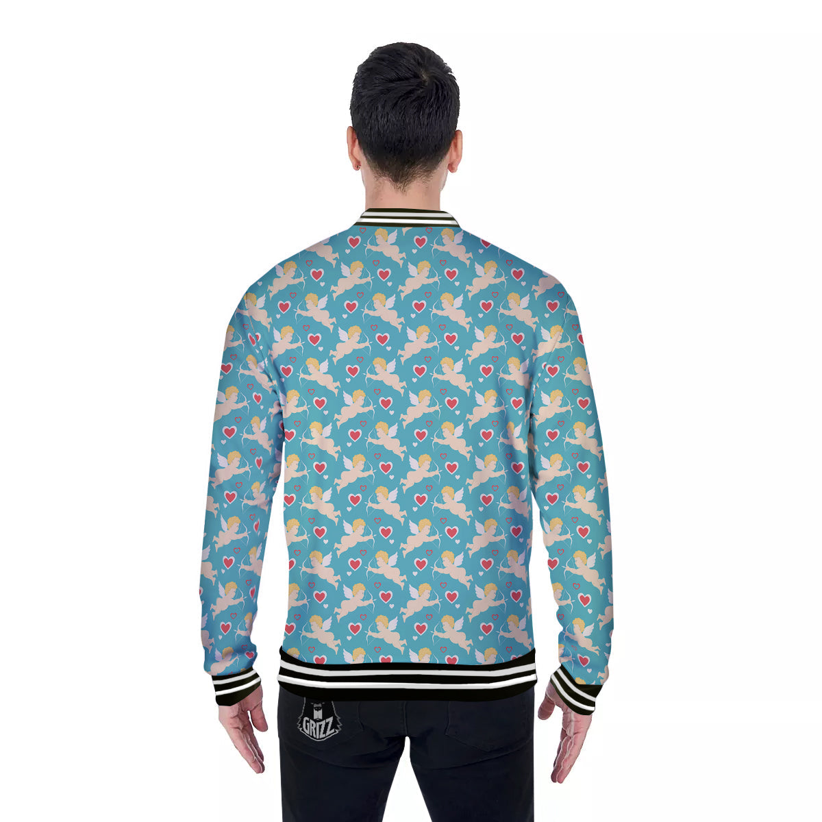 Blue Cupid And Heart Print Pattern Baseball Jacket-grizzshop