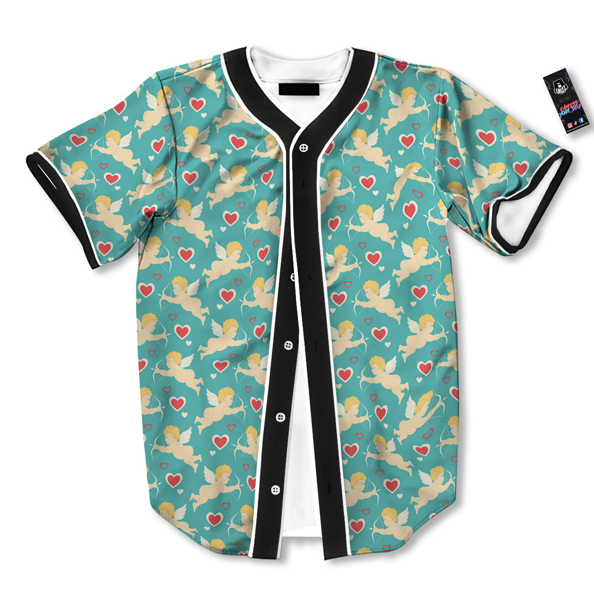 Blue Cupid And Heart Print Pattern Baseball Jersey-grizzshop