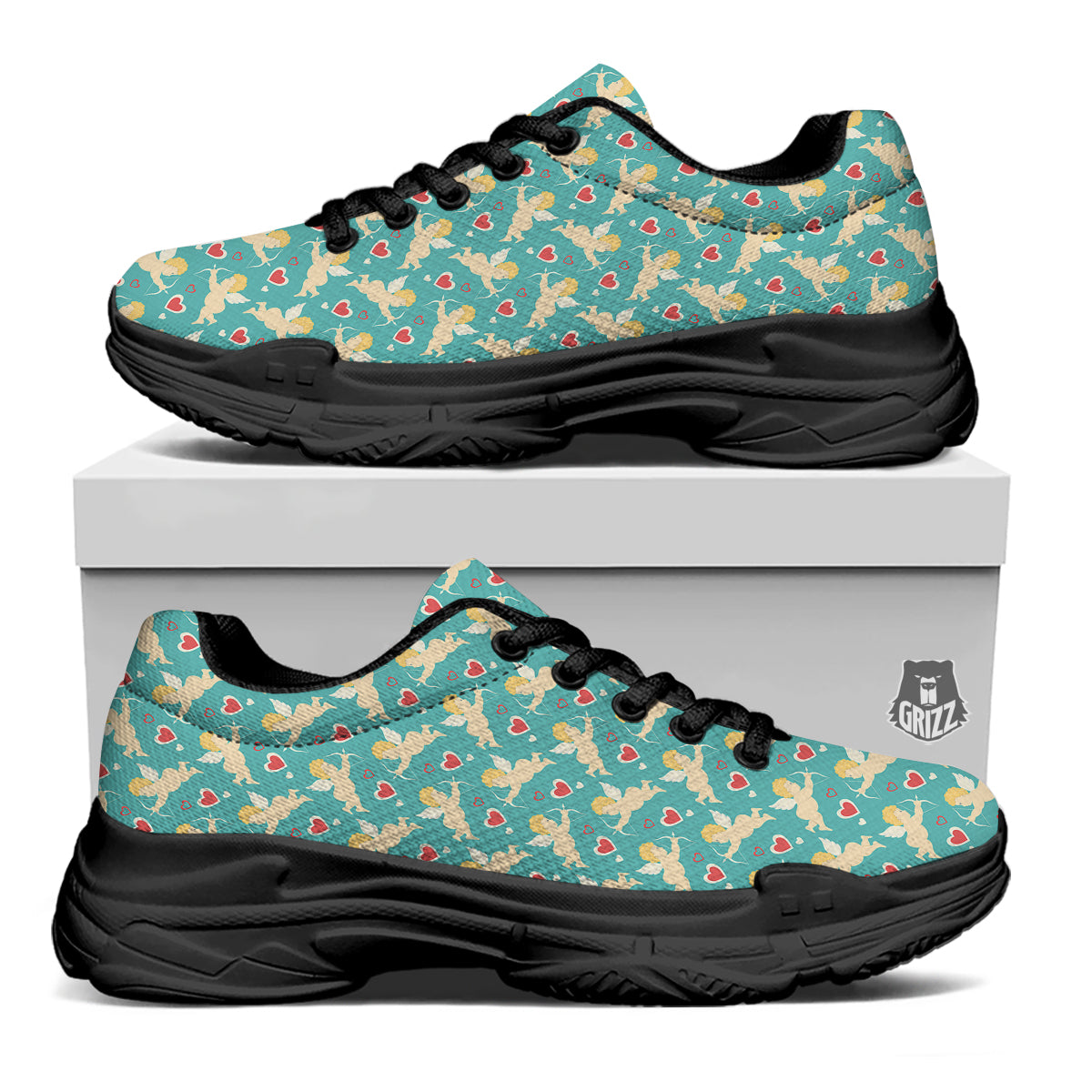 Blue Cupid And Heart Print Pattern Black Chunky Shoes-grizzshop