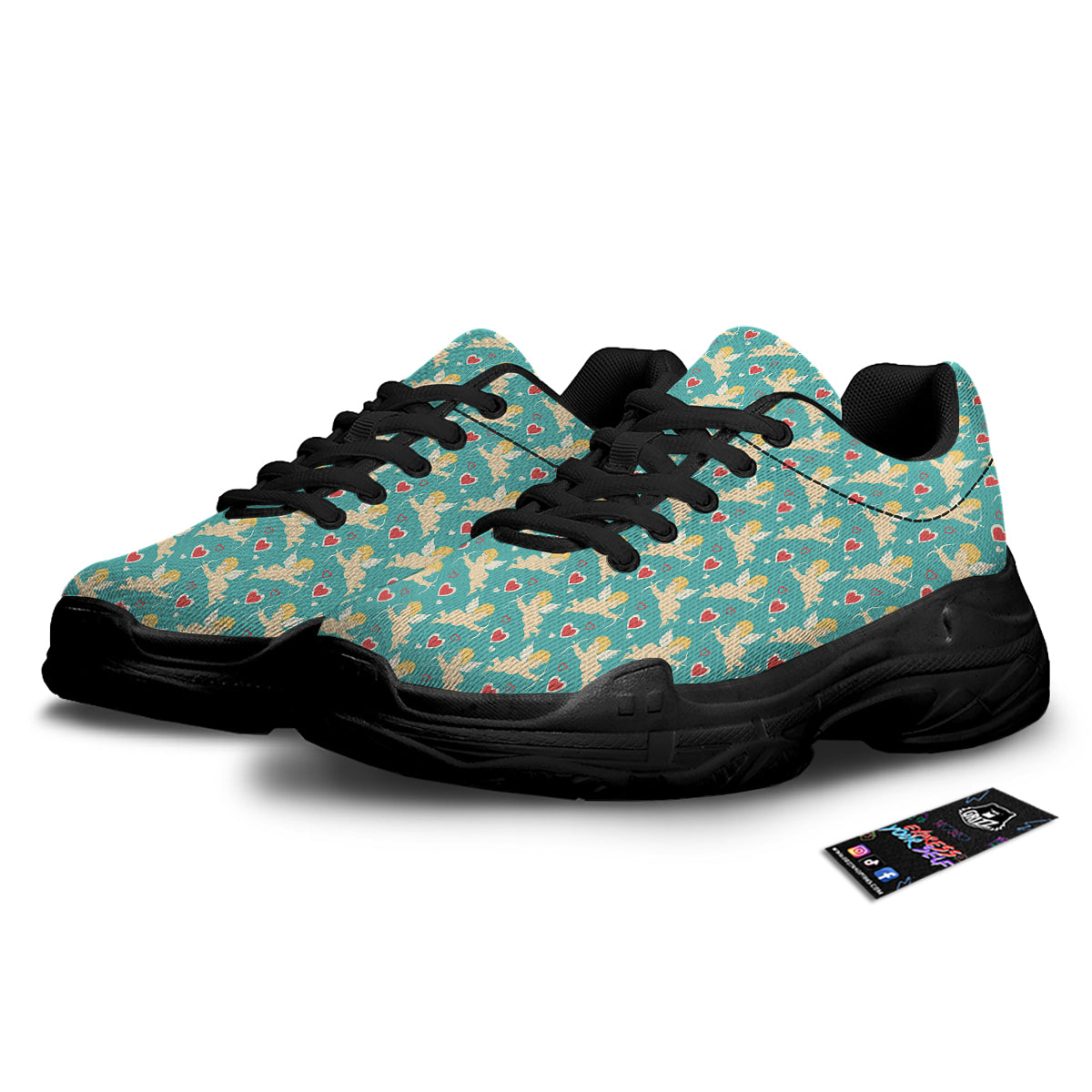 Blue Cupid And Heart Print Pattern Black Chunky Shoes-grizzshop