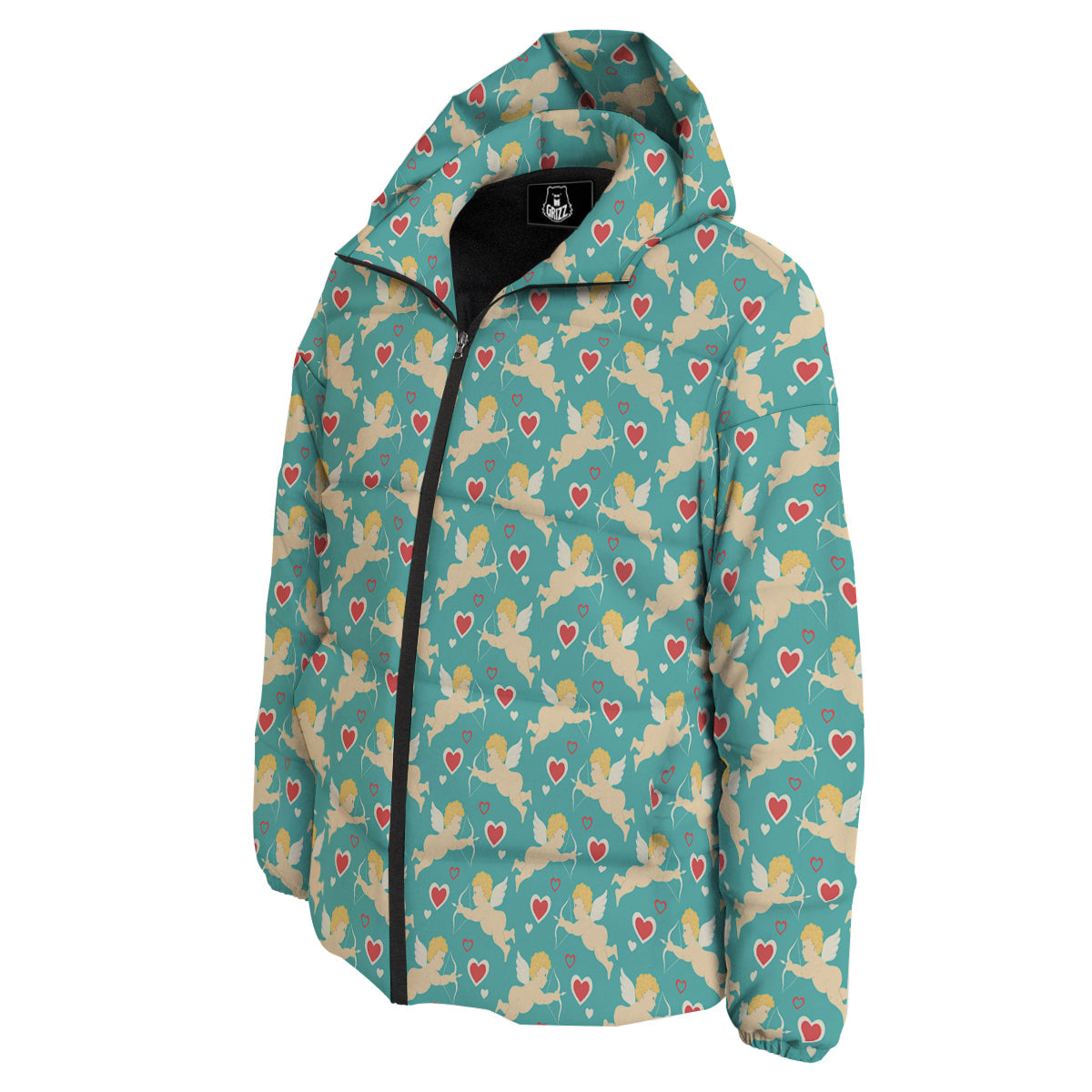Blue Cupid And Heart Print Pattern Down Jacket-grizzshop
