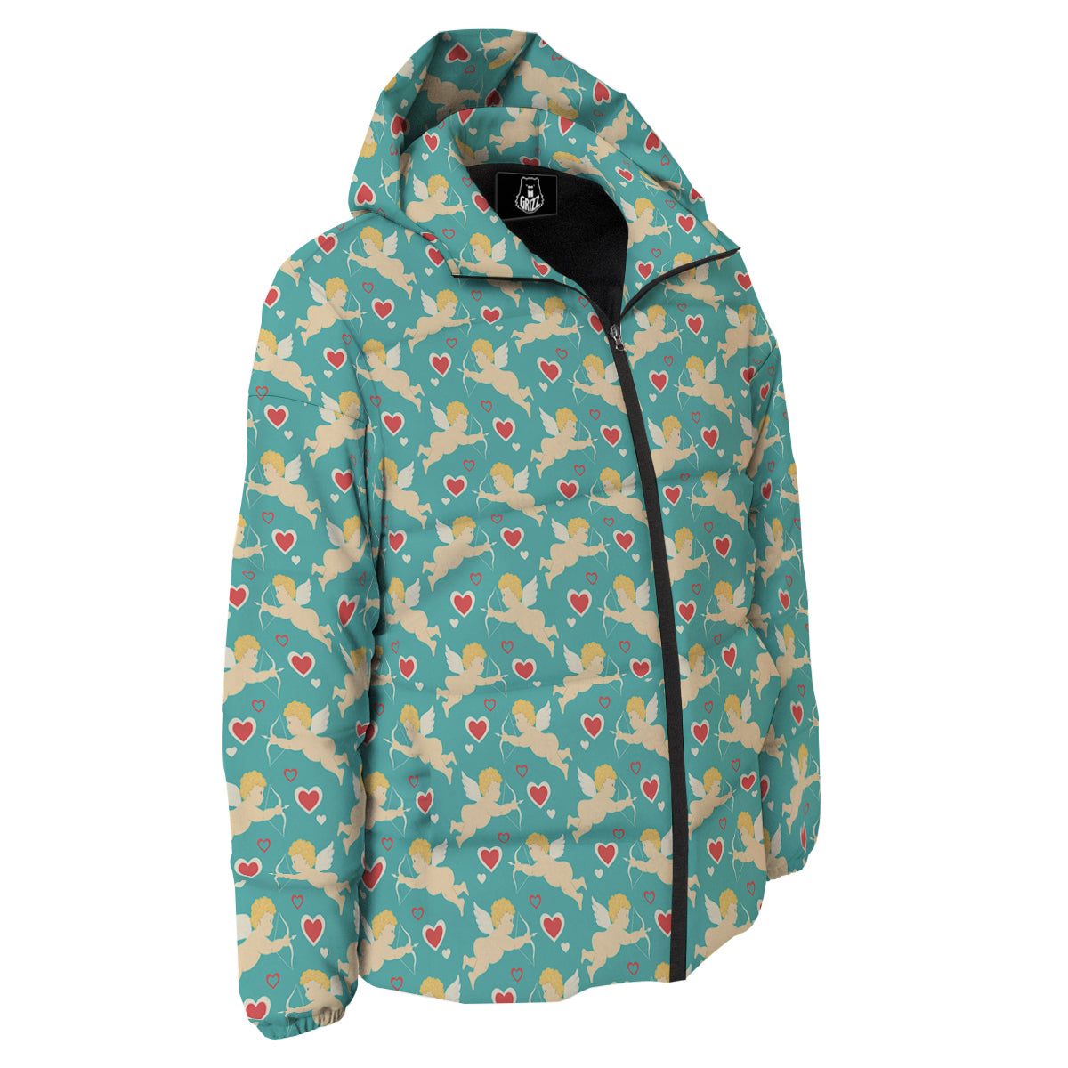 Blue Cupid And Heart Print Pattern Down Jacket-grizzshop
