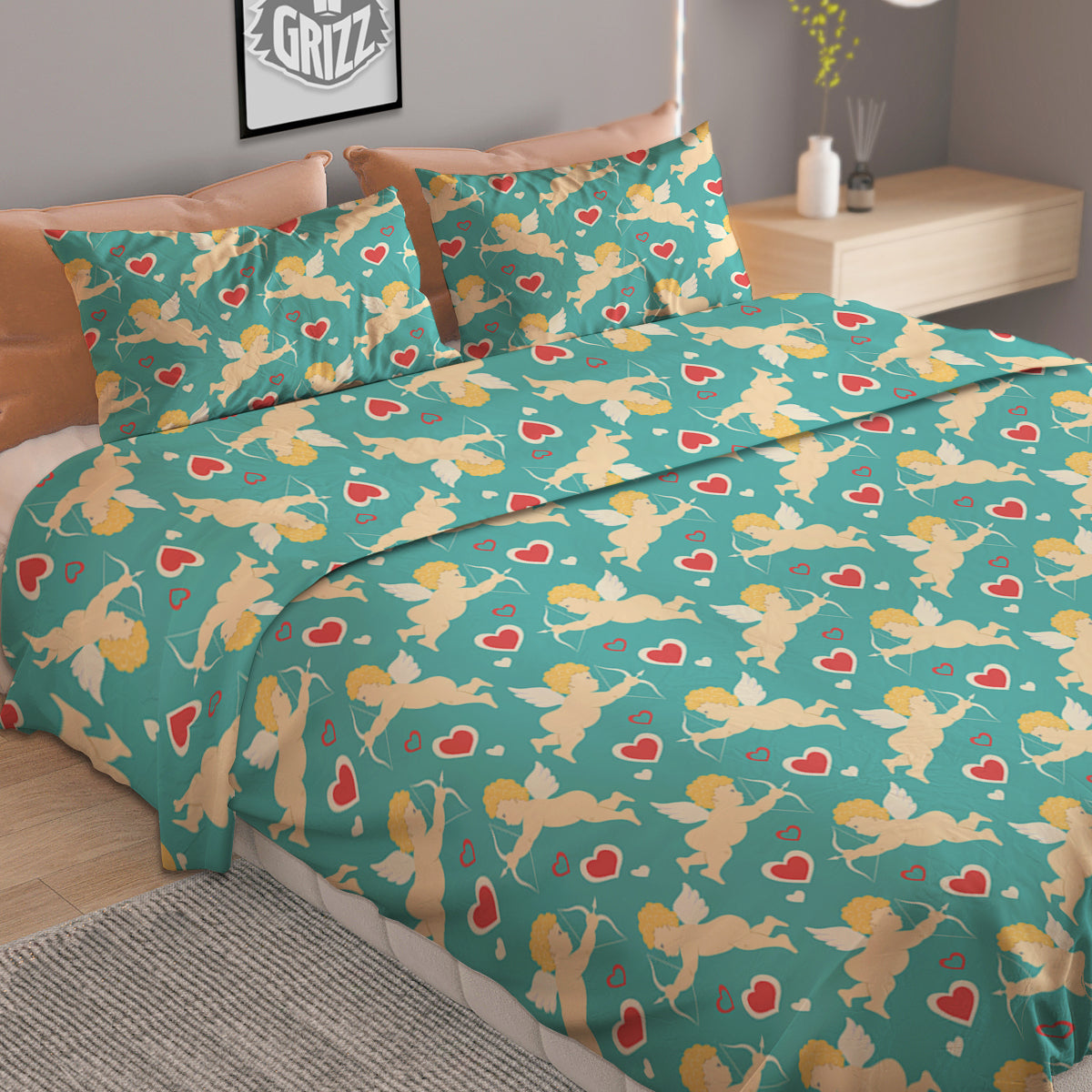 Blue Cupid And Heart Print Pattern Duvet Cover Bedding Set