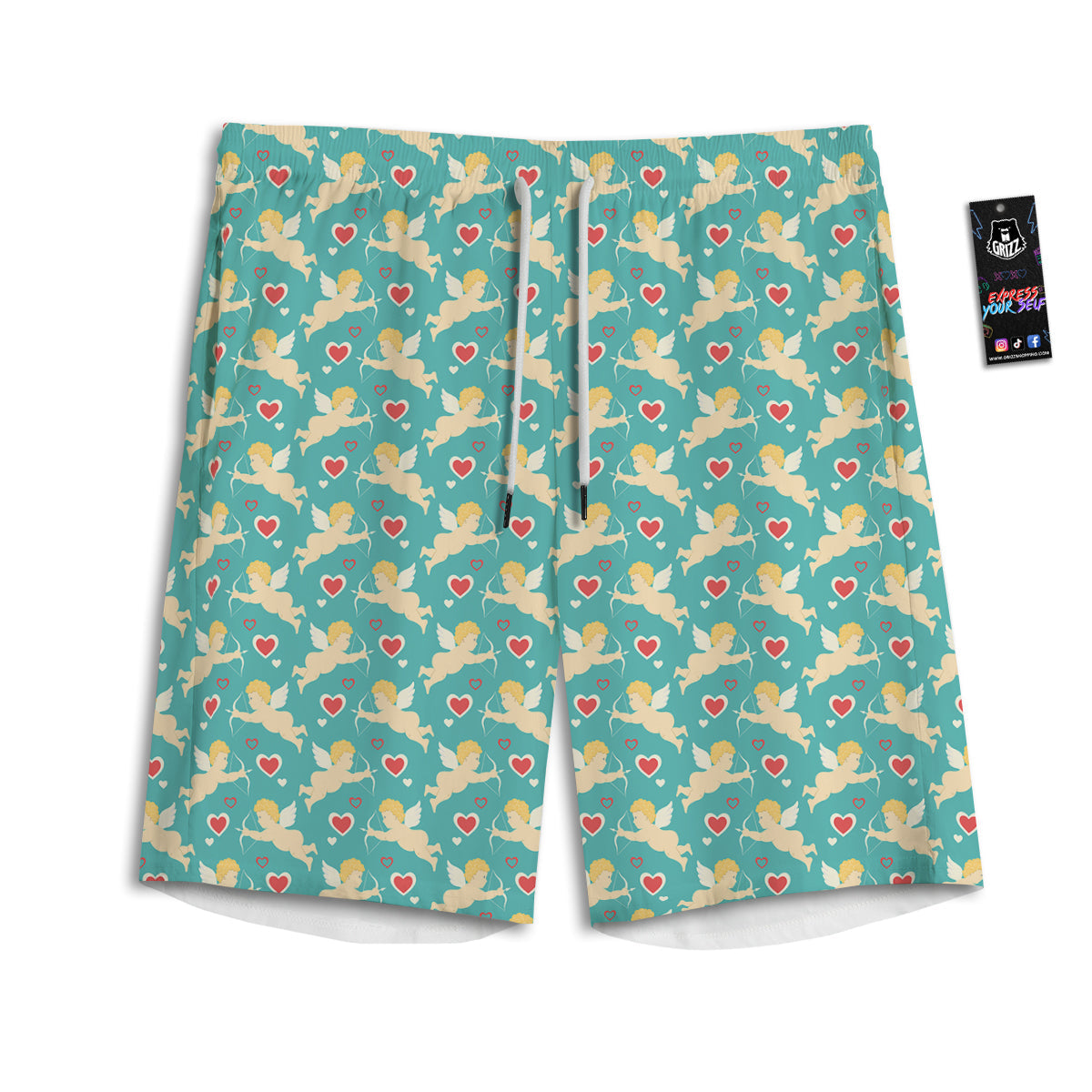 Blue Cupid And Heart Print Pattern Men's Athletic Shorts