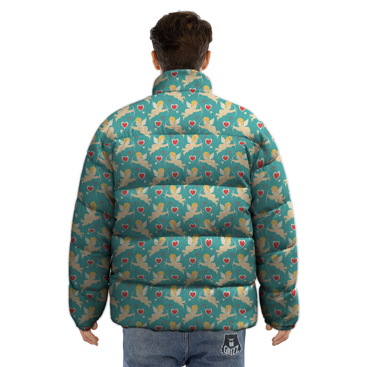 Blue Cupid And Heart Print Pattern Puffer Jacket-grizzshop