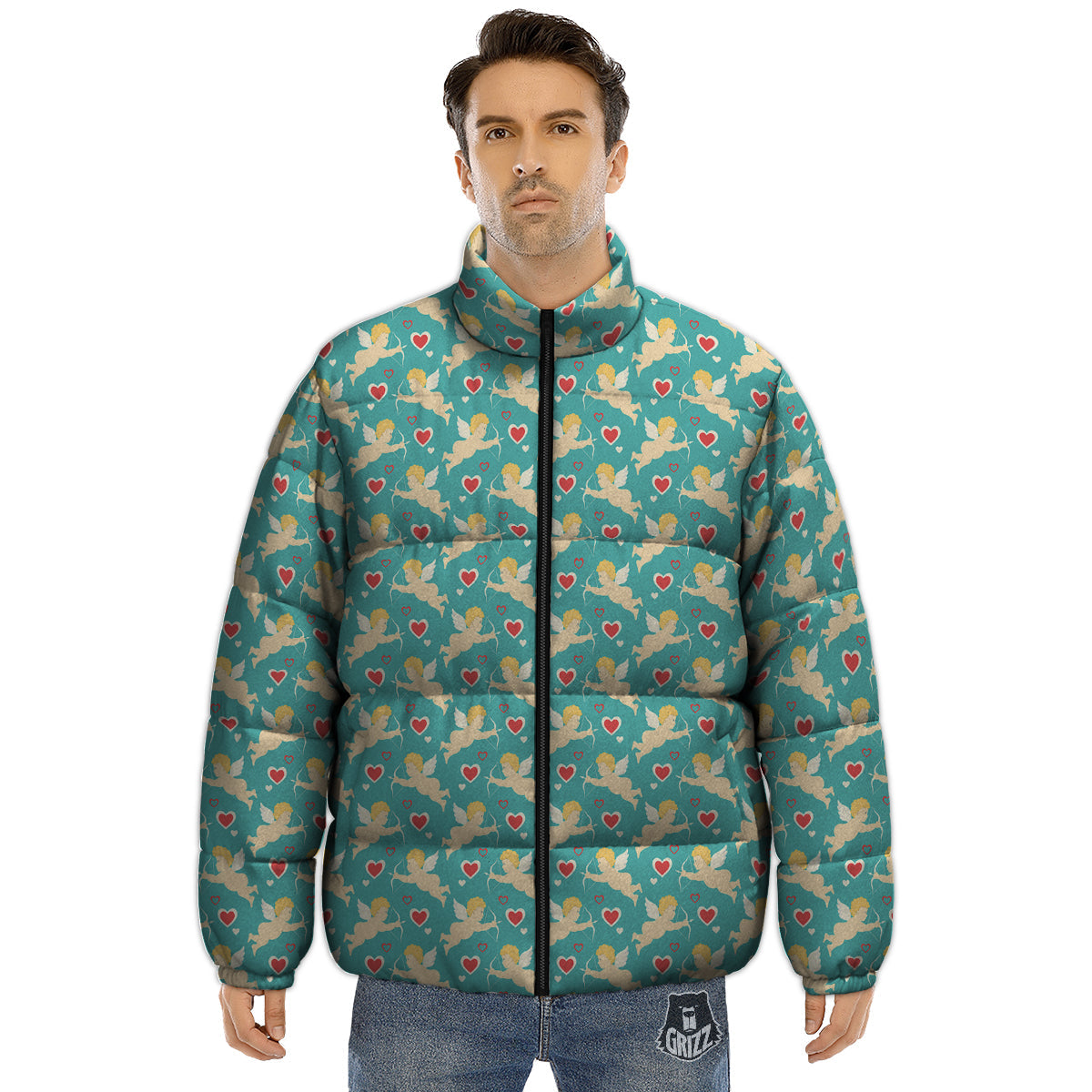 Blue Cupid And Heart Print Pattern Puffer Jacket-grizzshop
