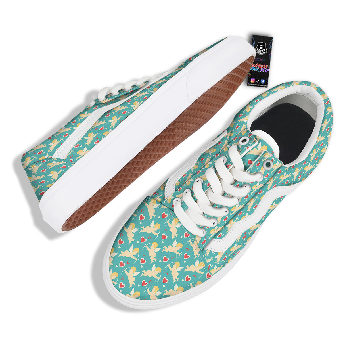 Blue Cupid And Heart Print Pattern Skate Shoes-grizzshop