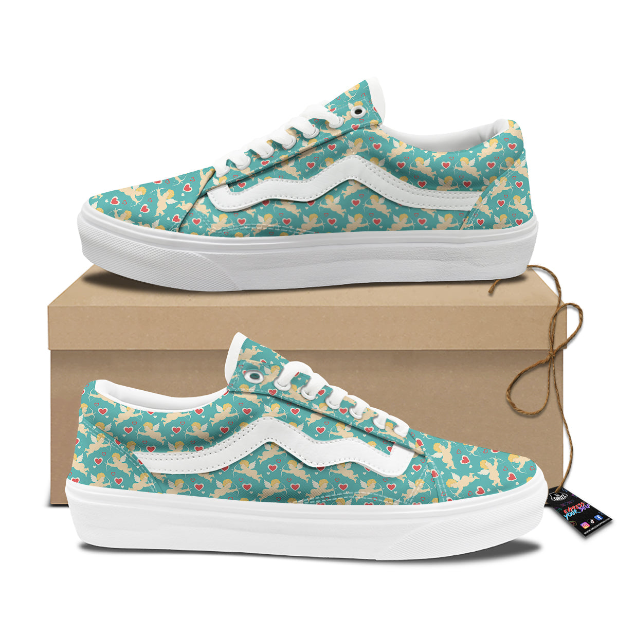 Blue Cupid And Heart Print Pattern Skate Shoes-grizzshop
