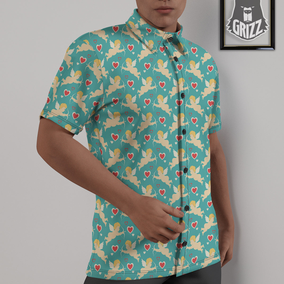 Blue Cupid And Heart Print Pattern Untucked Shirts-grizzshop