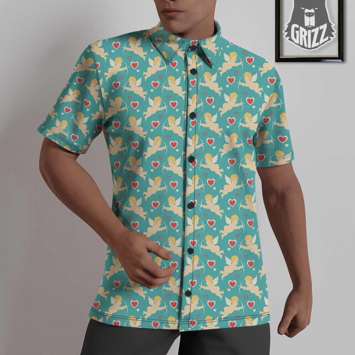 Blue Cupid And Heart Print Pattern Untucked Shirts-grizzshop