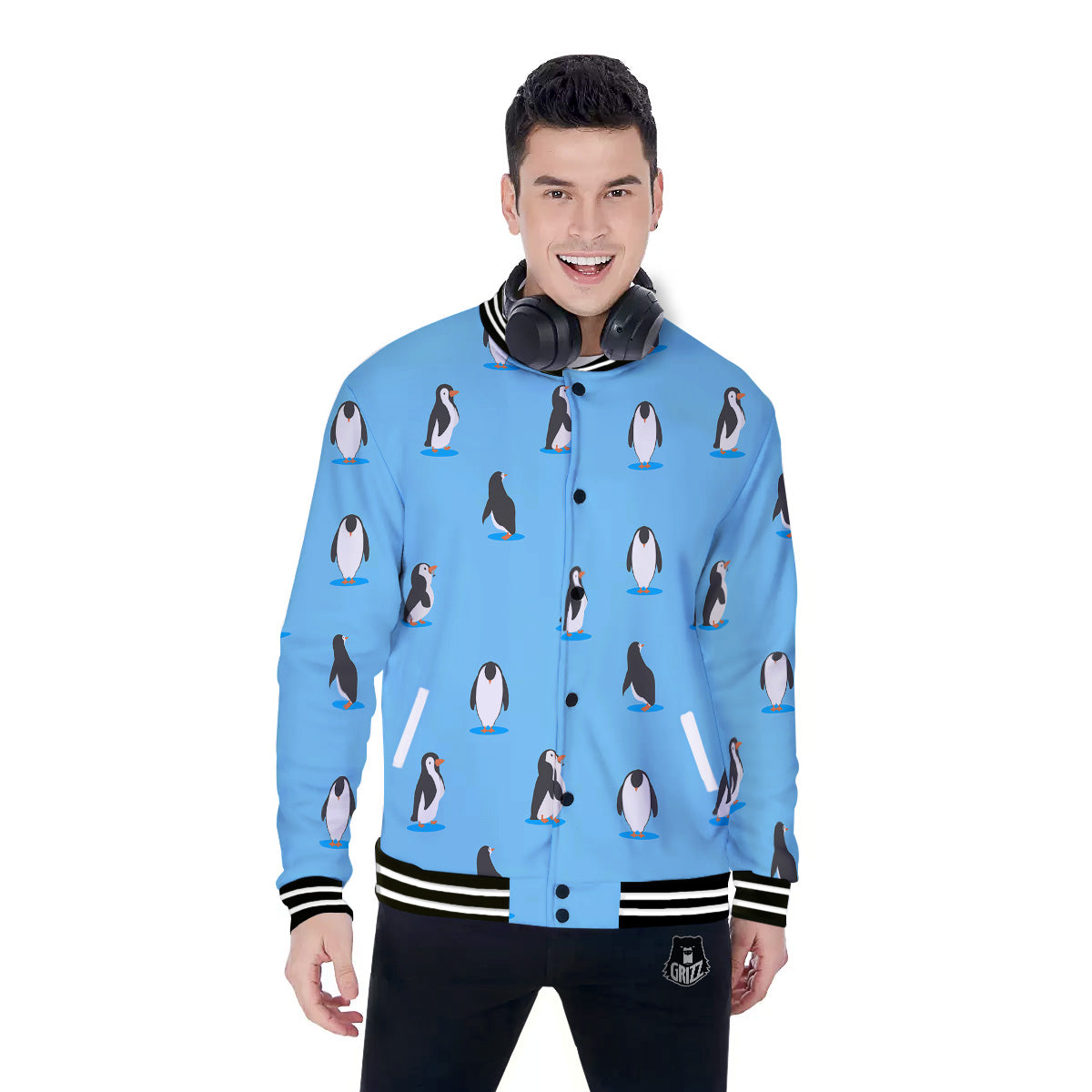 Blue Cute Penguin Print Pattern Baseball Jacket-grizzshop