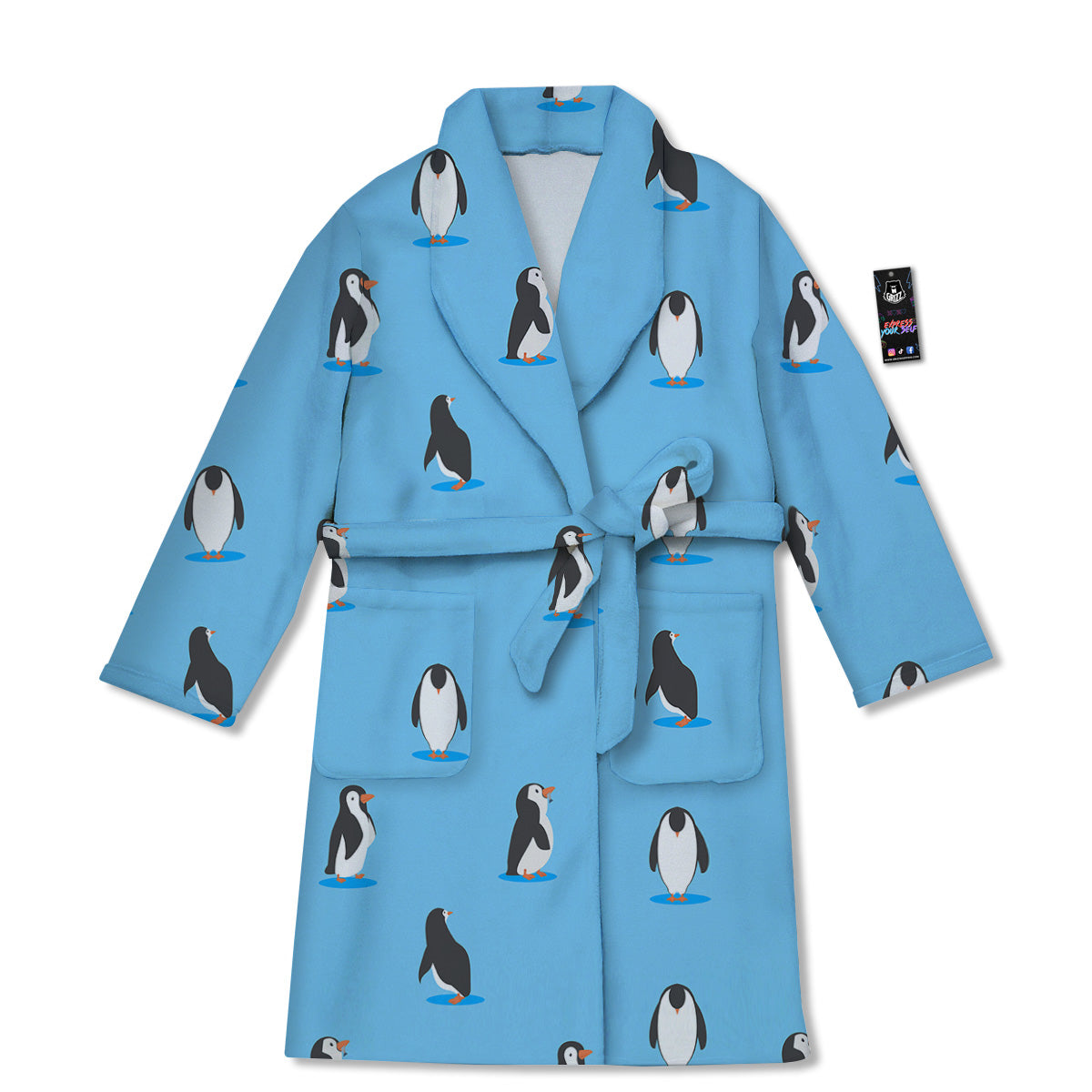 Blue Cute Penguin Print Pattern Bathrobe-grizzshop