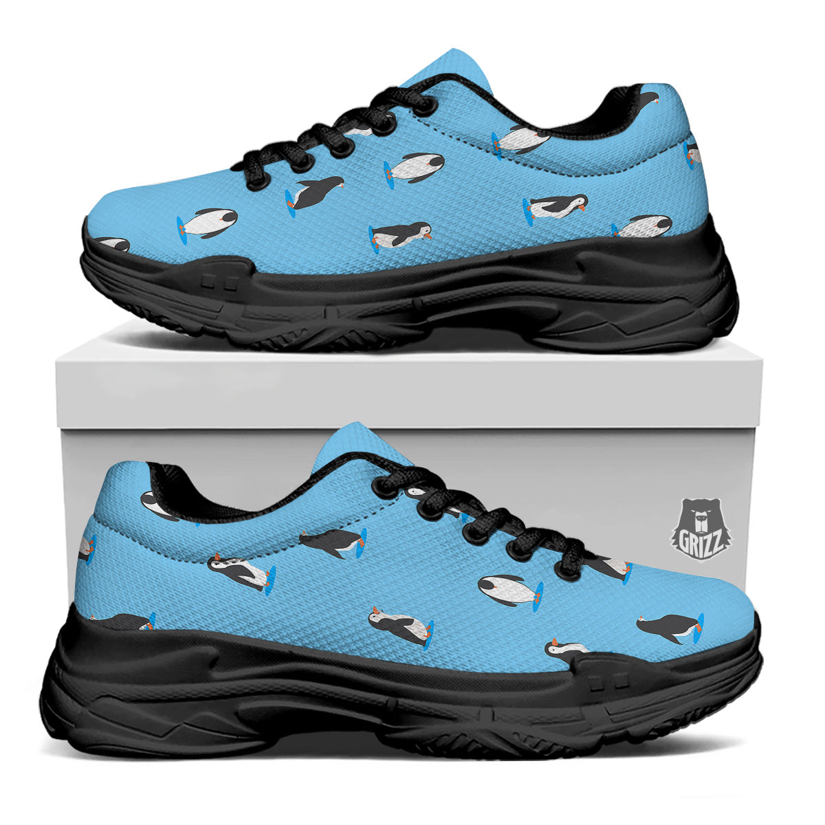 Blue Cute Penguin Print Pattern Black Chunky Shoes-grizzshop