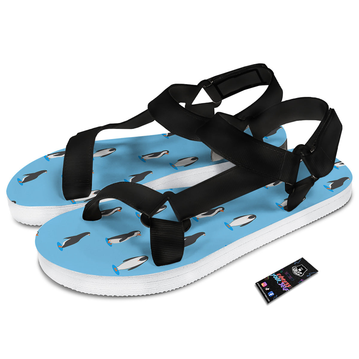 Blue Cute Penguin Print Pattern Black Open Toe Sandals-grizzshop