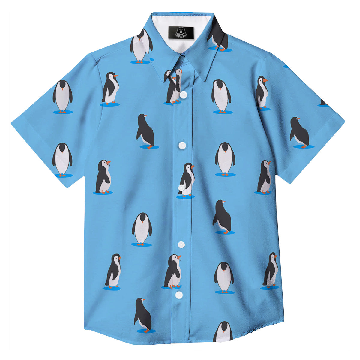 Blue Cute Penguin Print Pattern Button Up Shirt-grizzshop