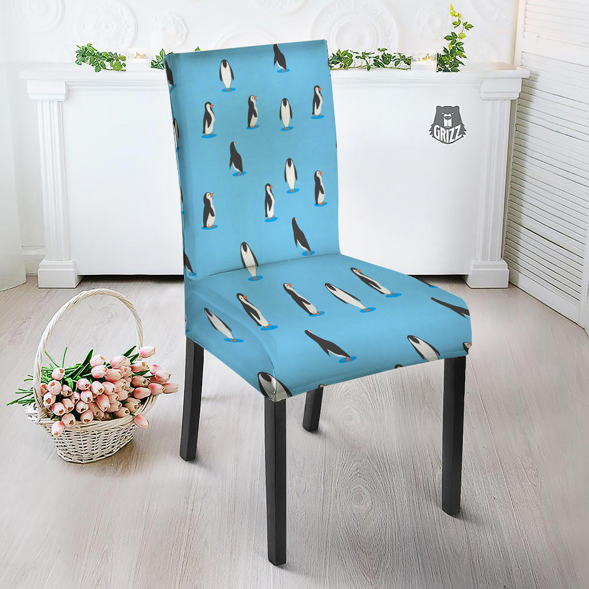 Blue Cute Penguin Print Pattern Dining Chair Slipcover-grizzshop