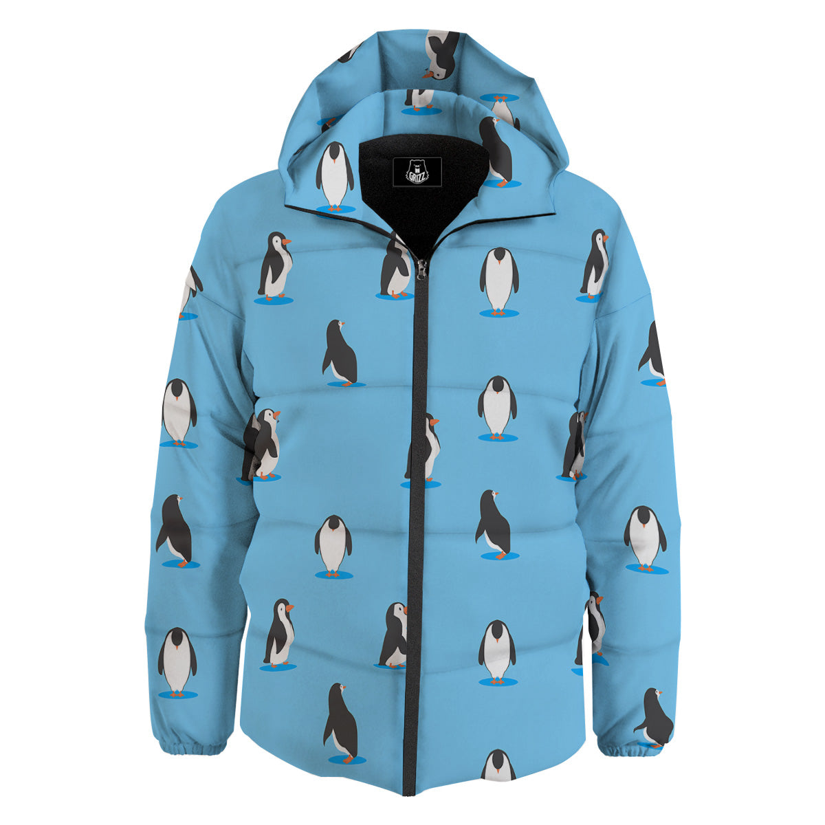 Blue Cute Penguin Print Pattern Down Jacket-grizzshop