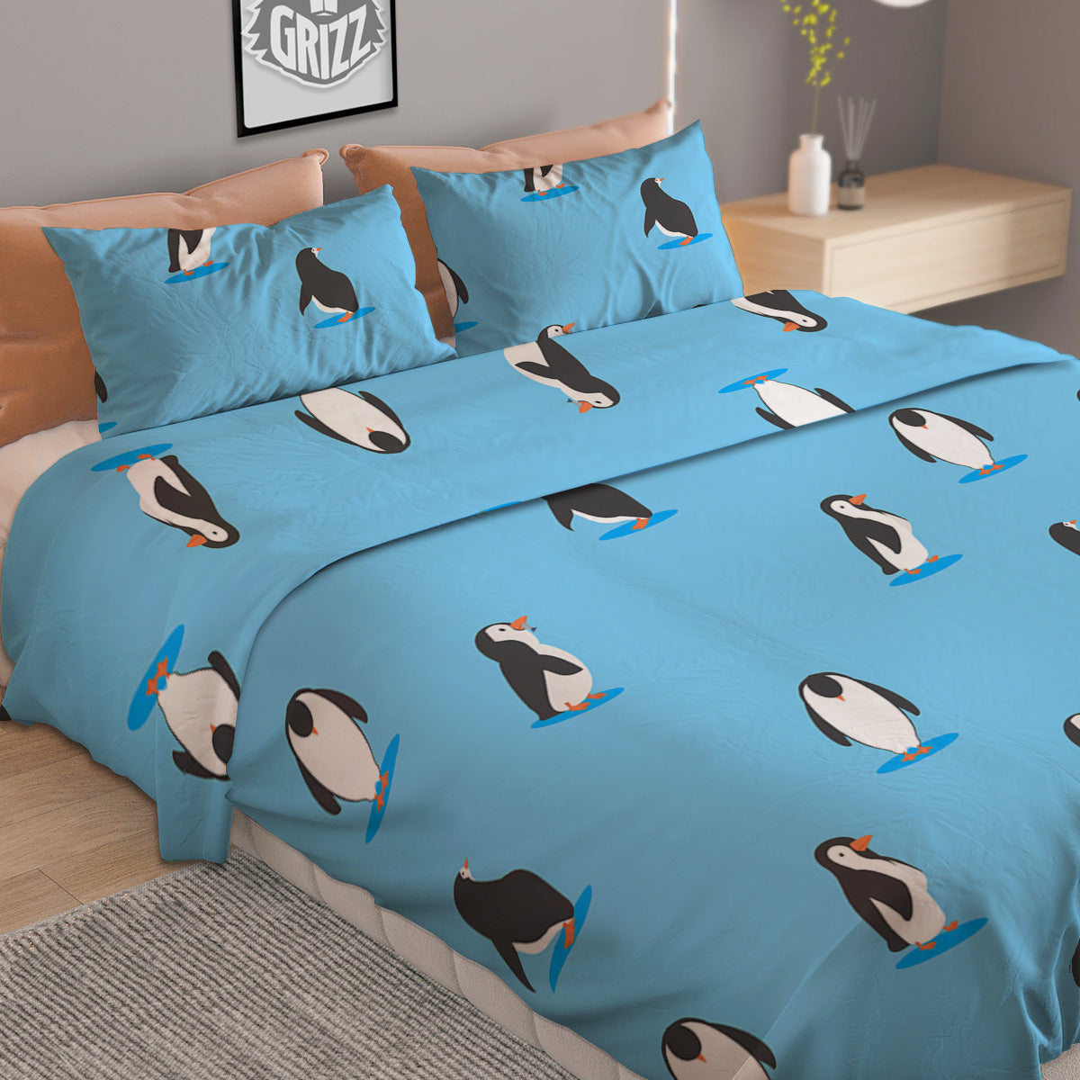 Blue Cute Penguin Print Pattern Duvet Cover Bedding Set