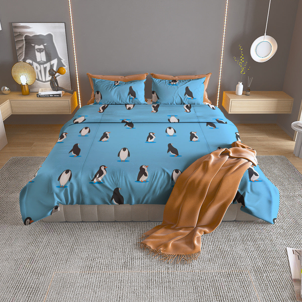 Blue Cute Penguin Print Pattern Duvet Cover Bedding Set