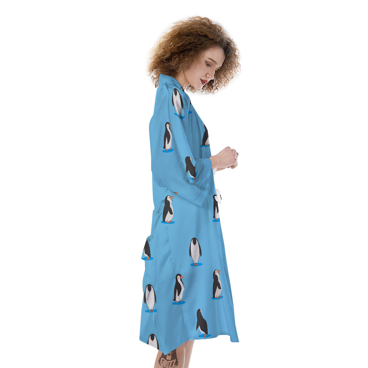 Blue Cute Penguin Print Pattern Kimono-grizzshop