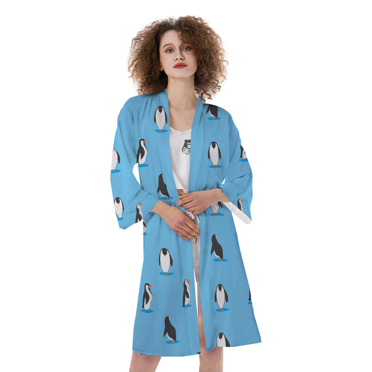 Blue Cute Penguin Print Pattern Kimono-grizzshop