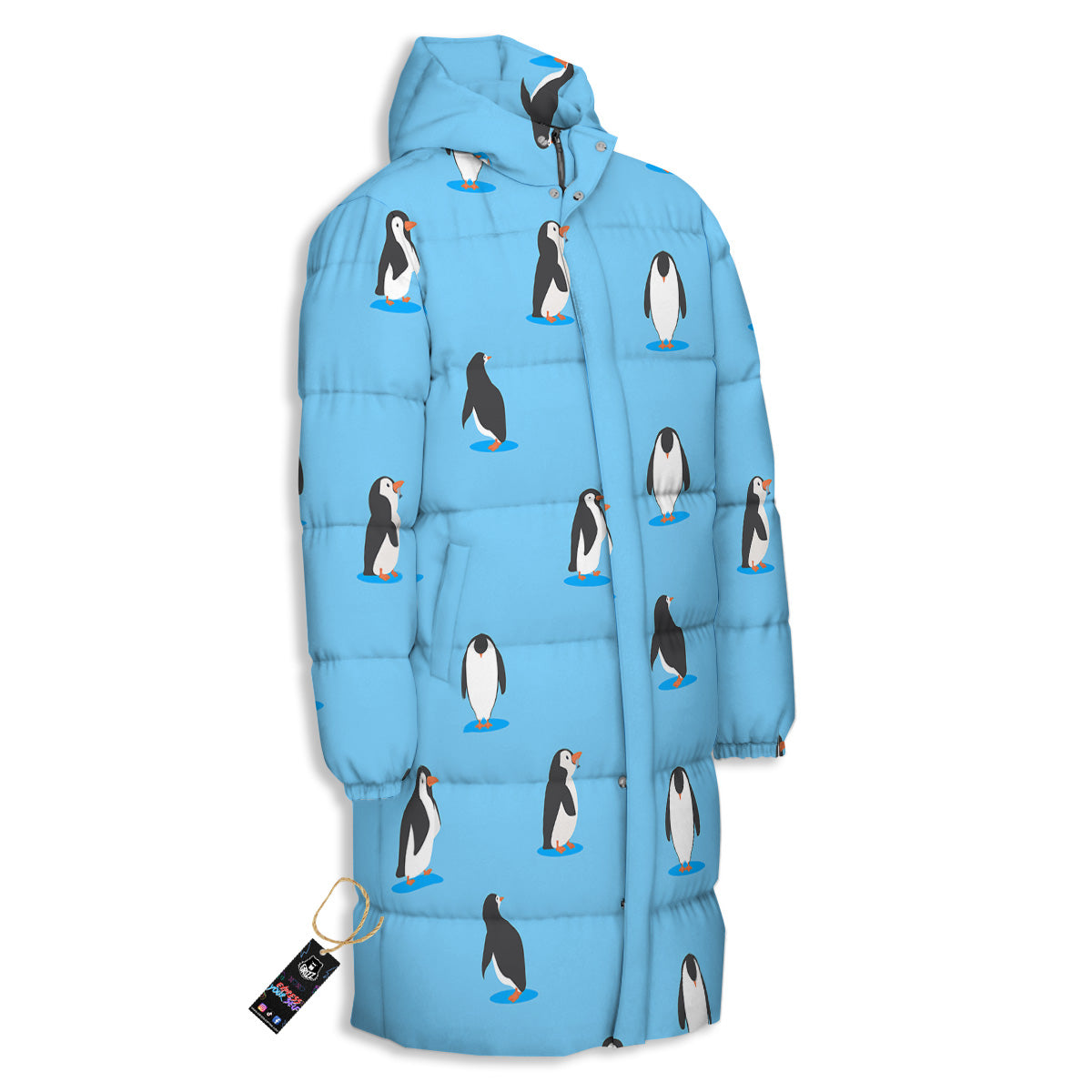 Blue Cute Penguin Print Pattern Long Down Jacket-grizzshop