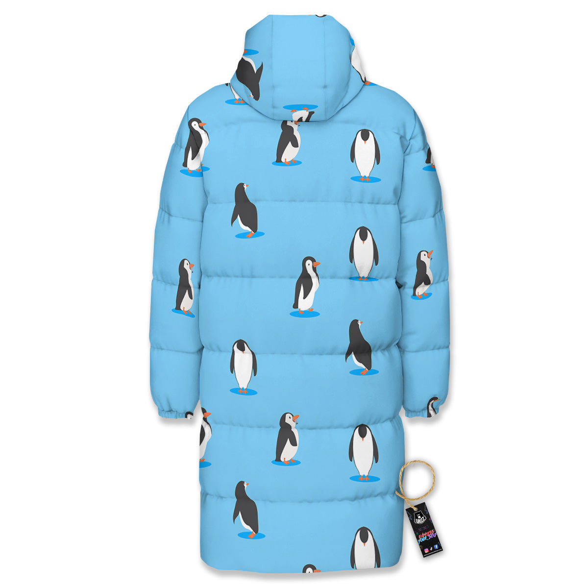 Blue Cute Penguin Print Pattern Long Down Jacket-grizzshop