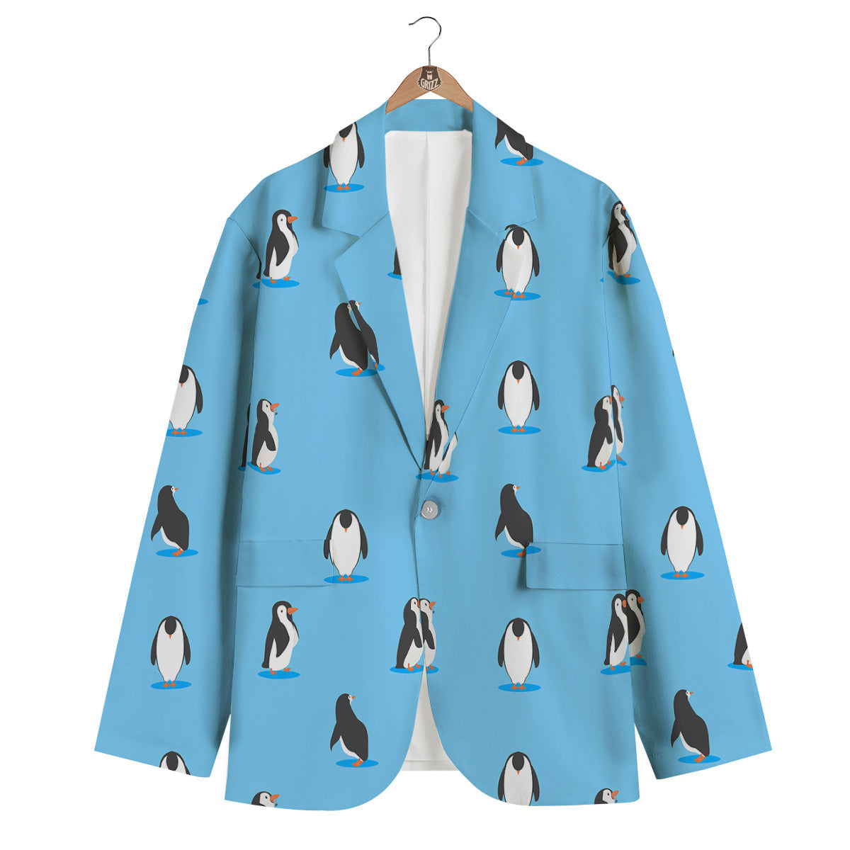 Blue Cute Penguin Print Pattern Men's Blazer-grizzshop