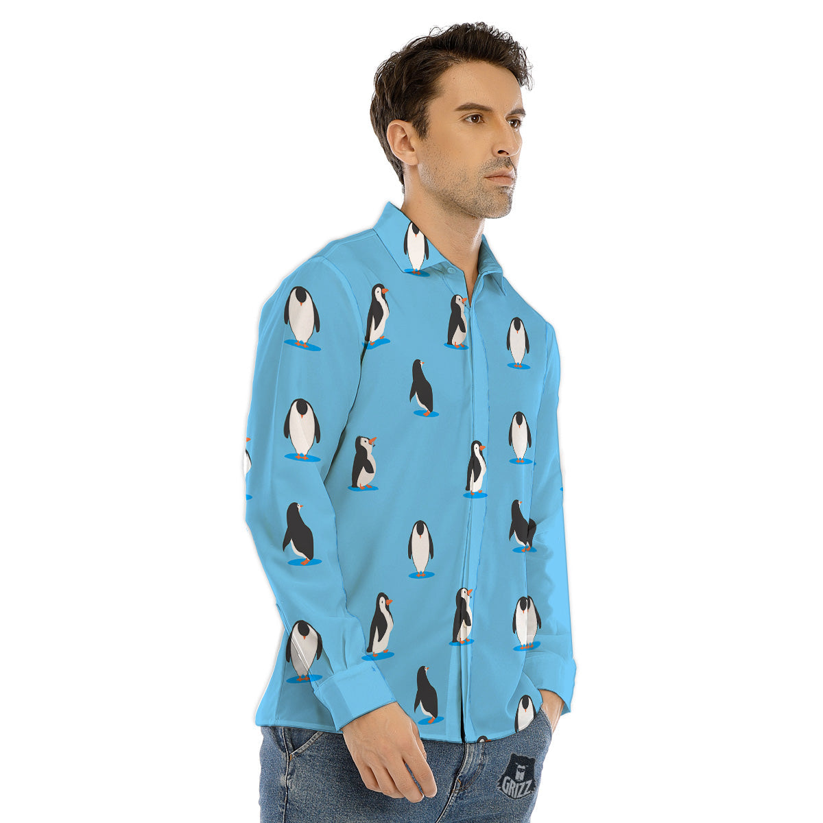 Blue Cute Penguin Print Pattern Men's Dress Shirts-grizzshop