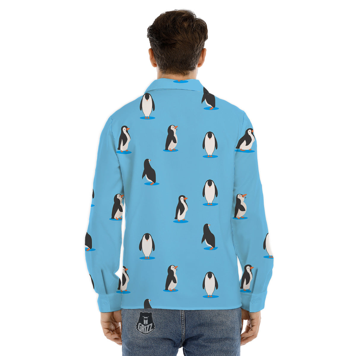 Blue Cute Penguin Print Pattern Men's Dress Shirts-grizzshop