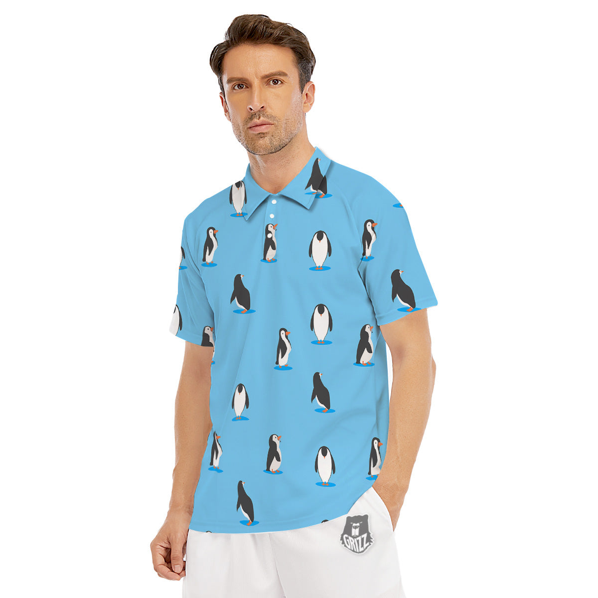 Blue Cute Penguin Print Pattern Men's Golf Shirts-grizzshop