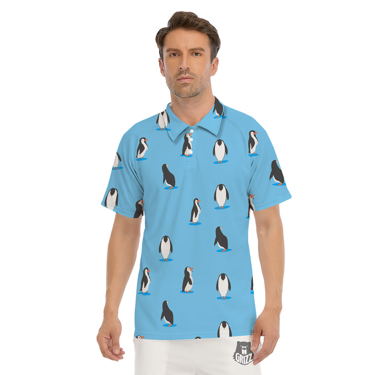 Blue Cute Penguin Print Pattern Men's Golf Shirts-grizzshop