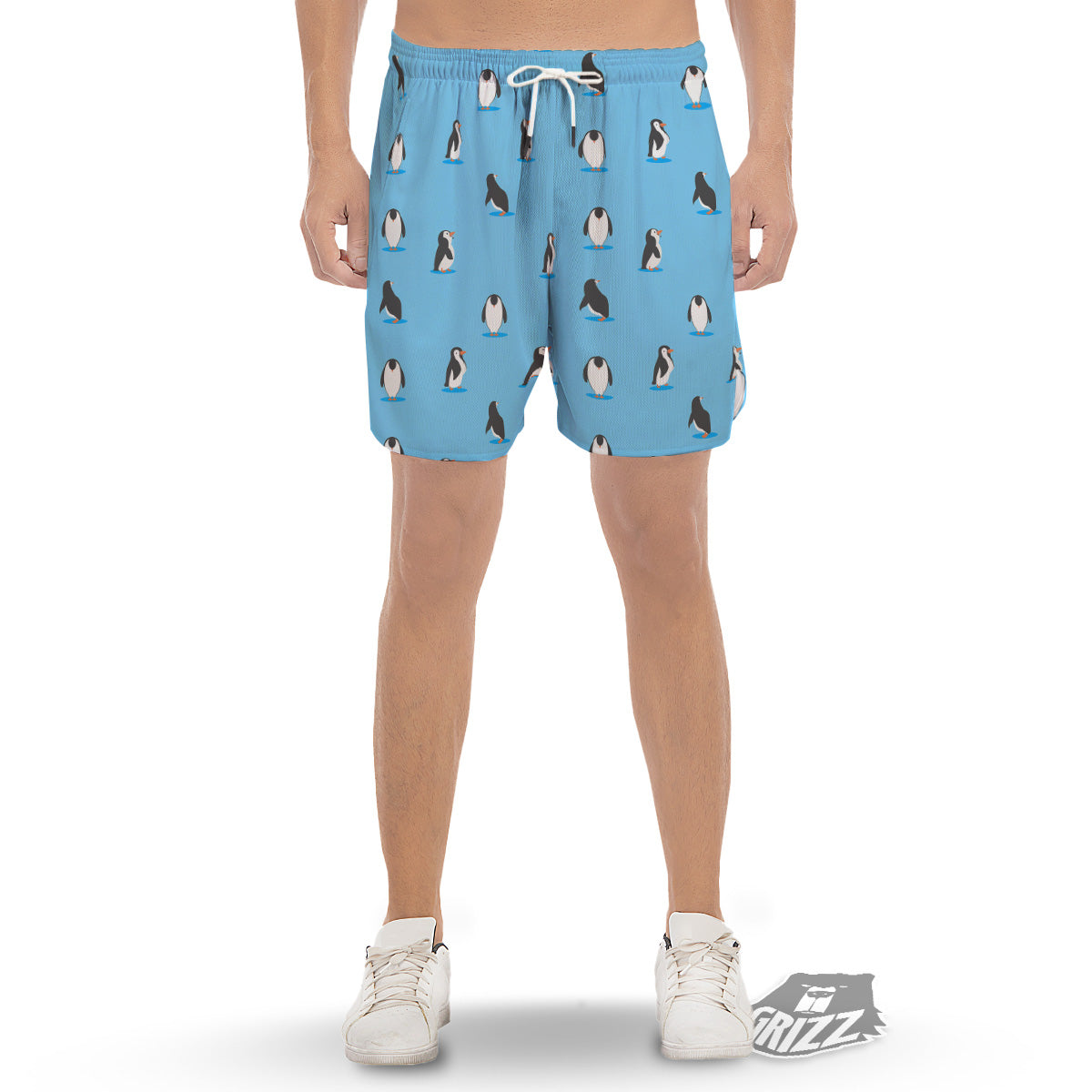 Blue Cute Penguin Print Pattern Men's Gym Shorts-grizzshop