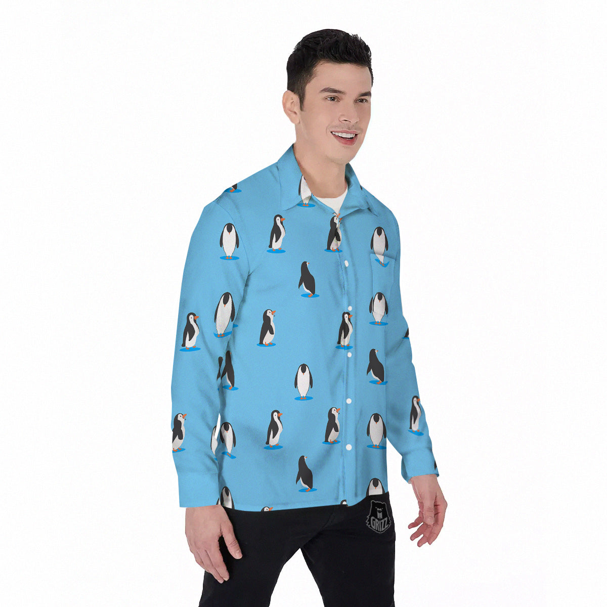Blue Cute Penguin Print Pattern Men's Long Sleeve Shirts-grizzshop