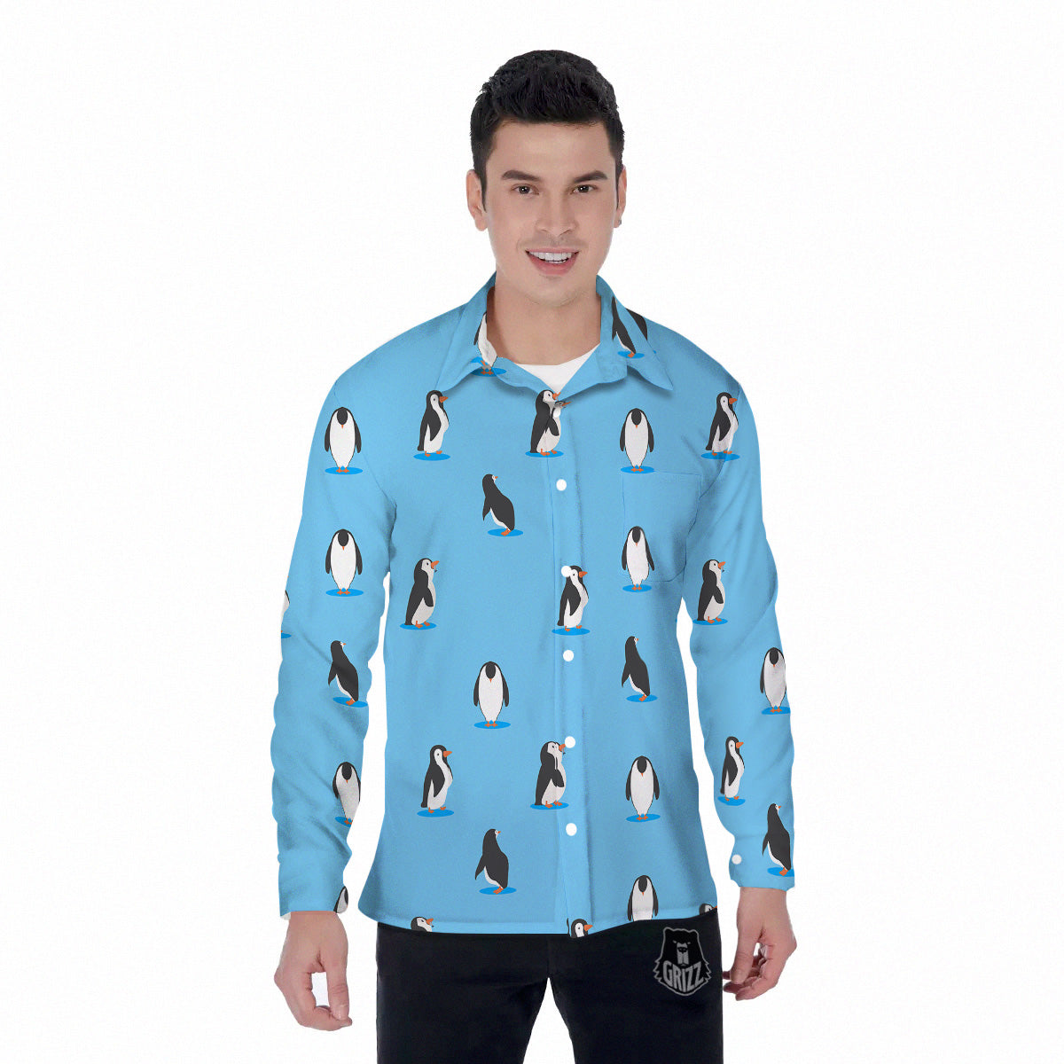 Blue Cute Penguin Print Pattern Men's Long Sleeve Shirts-grizzshop
