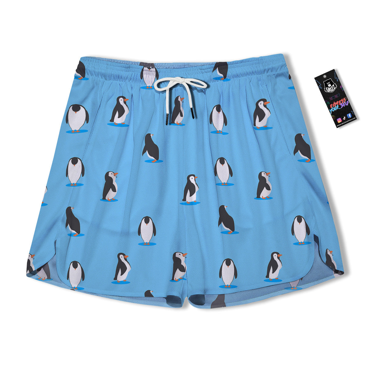 Blue Cute Penguin Print Pattern Men's Running Shorts-grizzshop