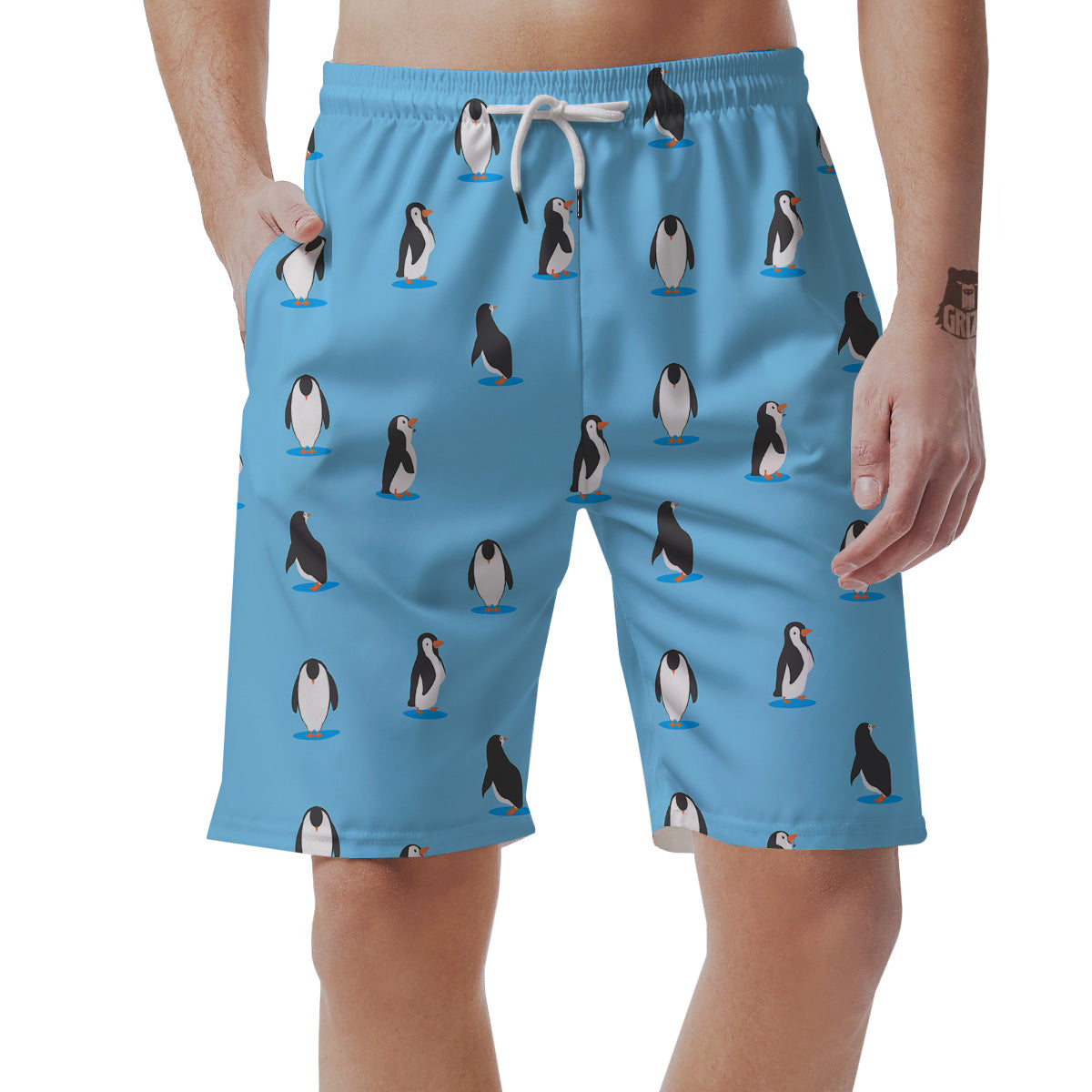Blue Cute Penguin Print Pattern Men's Shorts-grizzshop