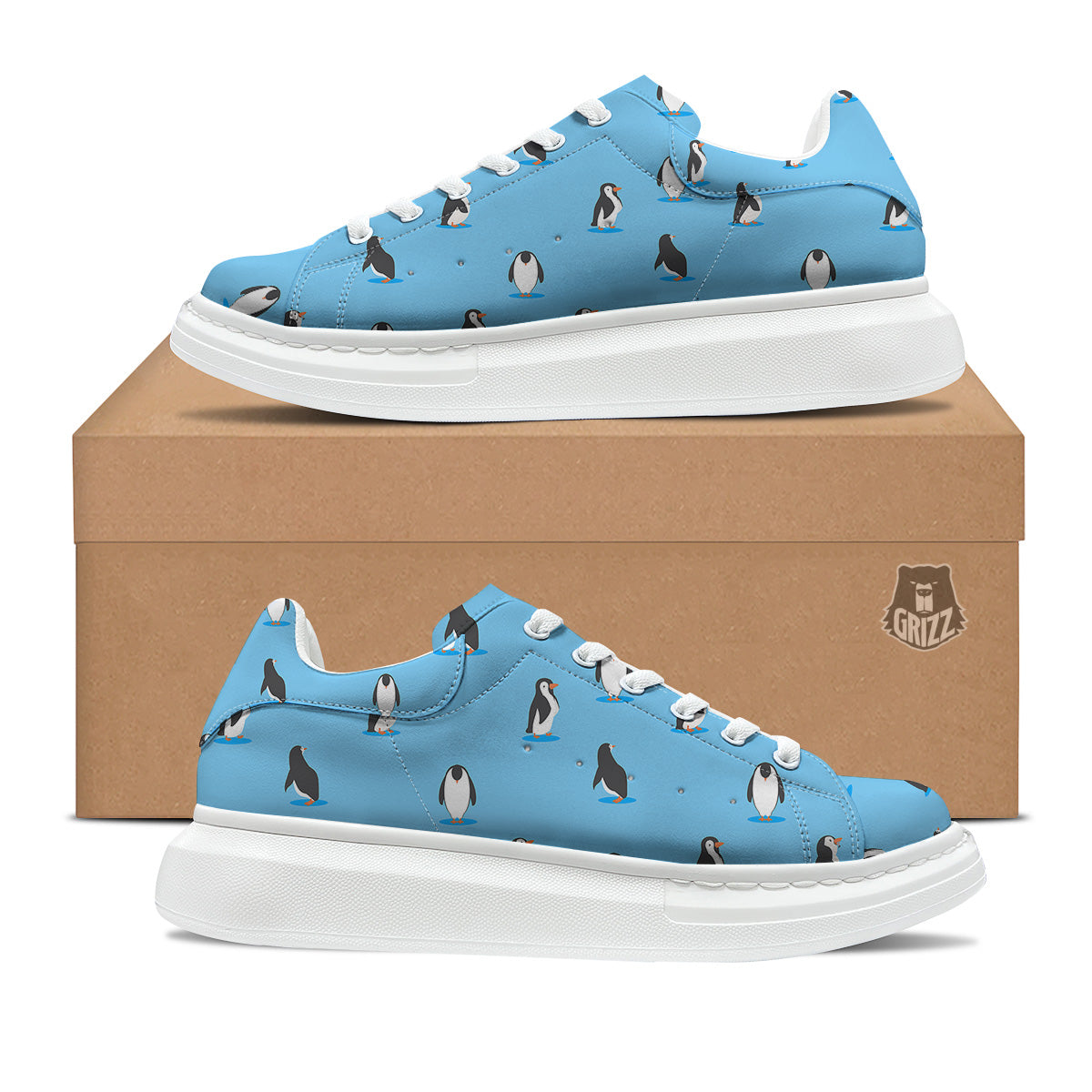 Blue Cute Penguin Print Pattern Platform Shoes-grizzshop