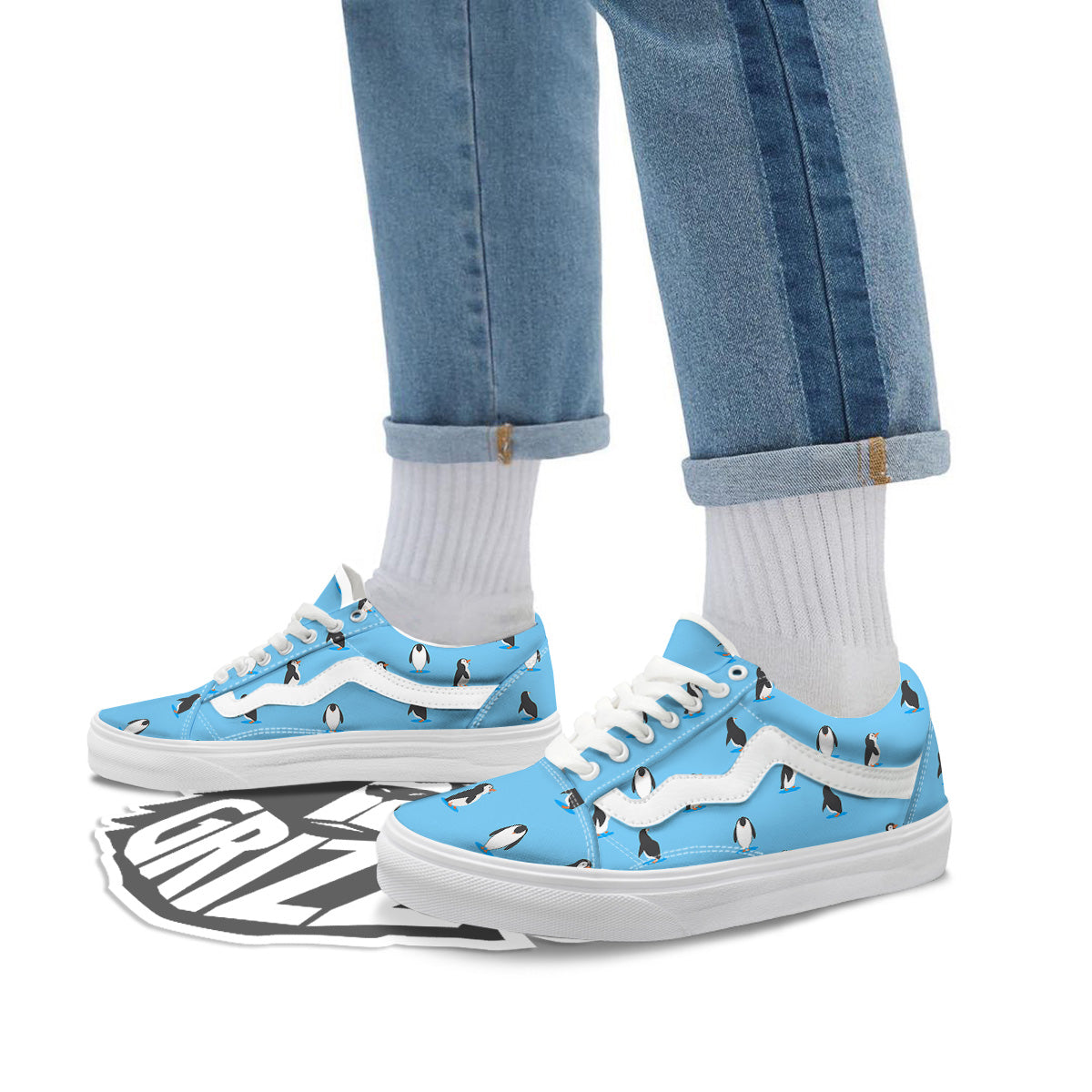 Blue Cute Penguin Print Pattern Skate Shoes-grizzshop