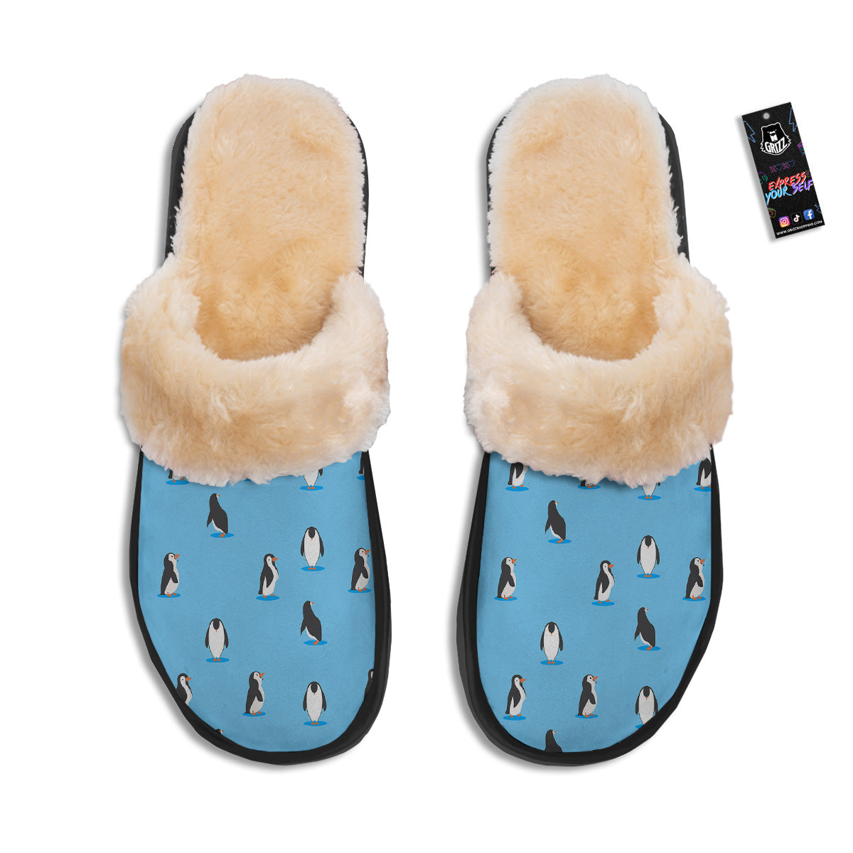 Blue Cute Penguin Print Pattern Slippers-grizzshop