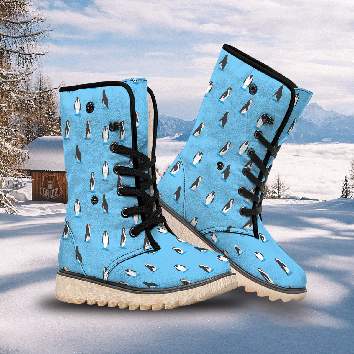 Blue Cute Penguin Print Pattern Snow Boots-grizzshop