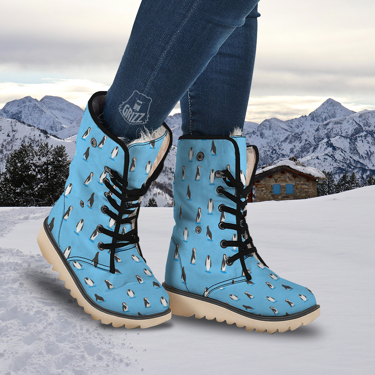 Blue Cute Penguin Print Pattern Snow Boots-grizzshop