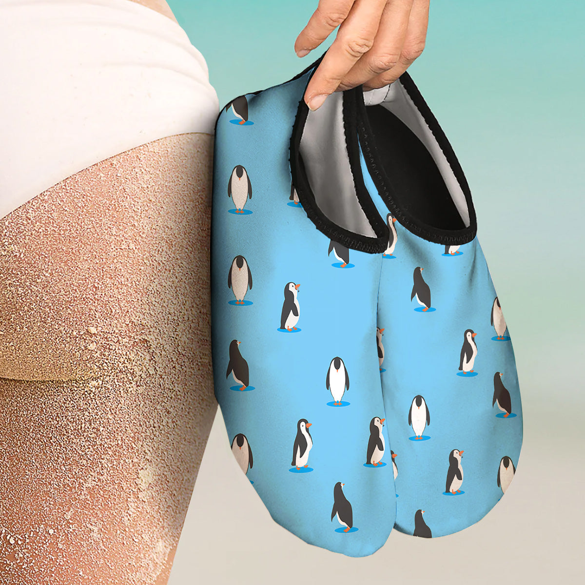 Blue Cute Penguin Print Pattern Water Shoes-grizzshop