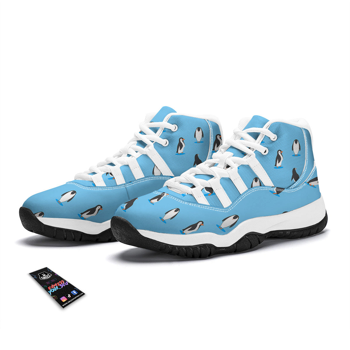 Blue Cute Penguin Print Pattern White Bball Shoes-grizzshop
