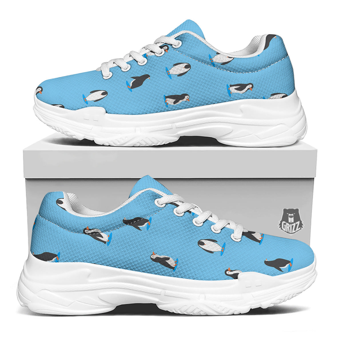 Blue Cute Penguin Print Pattern White Chunky Shoes-grizzshop