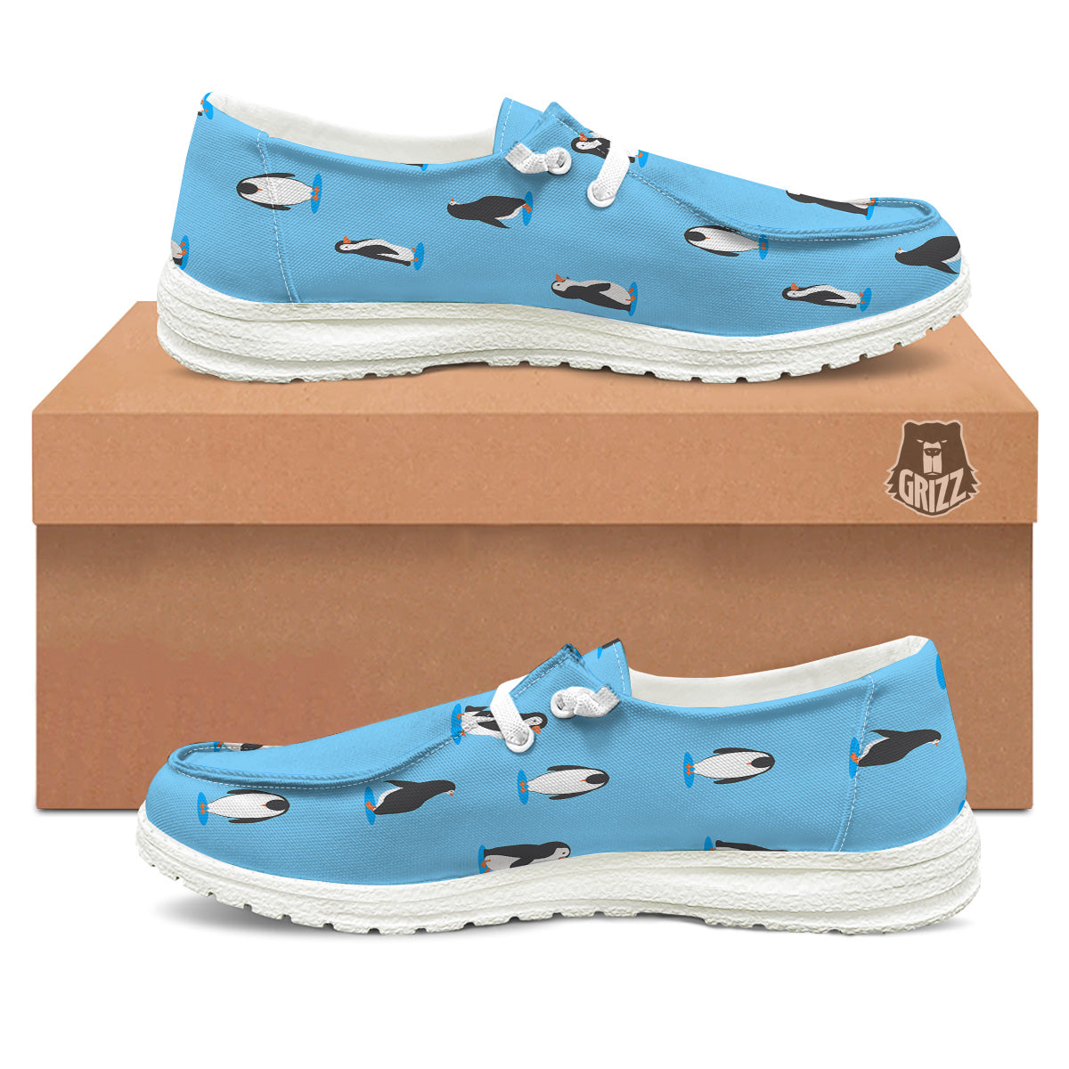 Blue Cute Penguin Print Pattern White Loafers-grizzshop