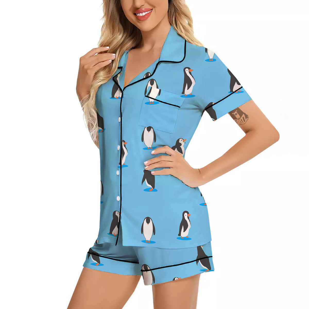 Blue Cute Penguin Print Pattern Women Silk Pajamas-grizzshop
