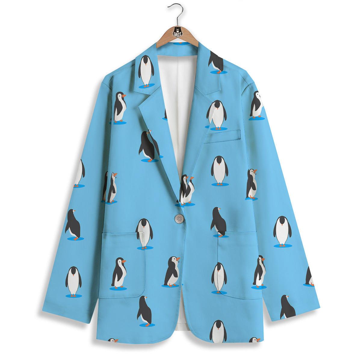 Blue Cute Penguin Print Pattern Women's Blazer-grizzshop